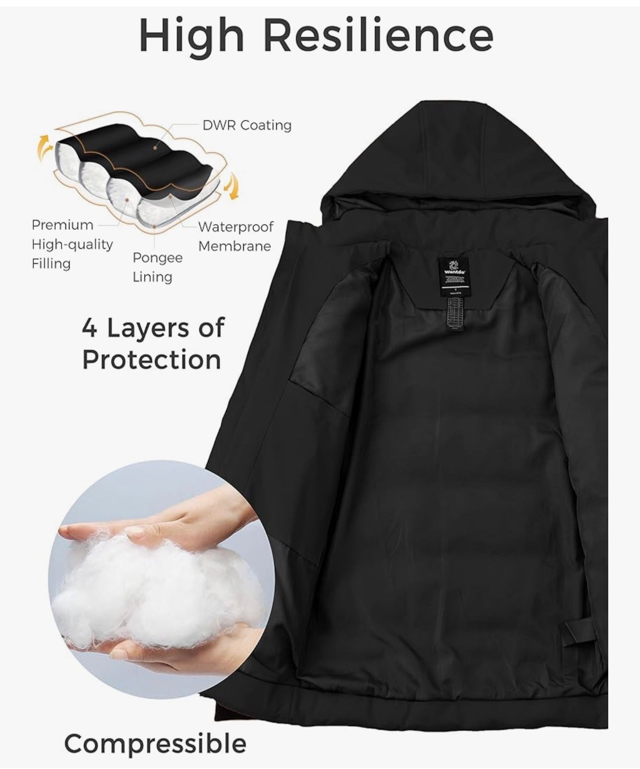 Wantdo Men's Hooded Winter Warm Jacket Water Resistant Outdoor Jacket Quilted Cotton Padding Coat Windproof Outerwear Jackets